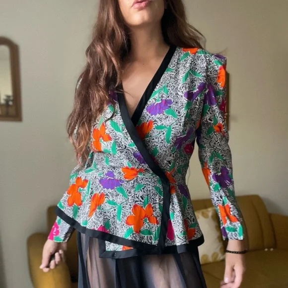 Vintage Jackets & Blazers - Vintage Floral Peplum Blazer Blouse Sz Small-Medium